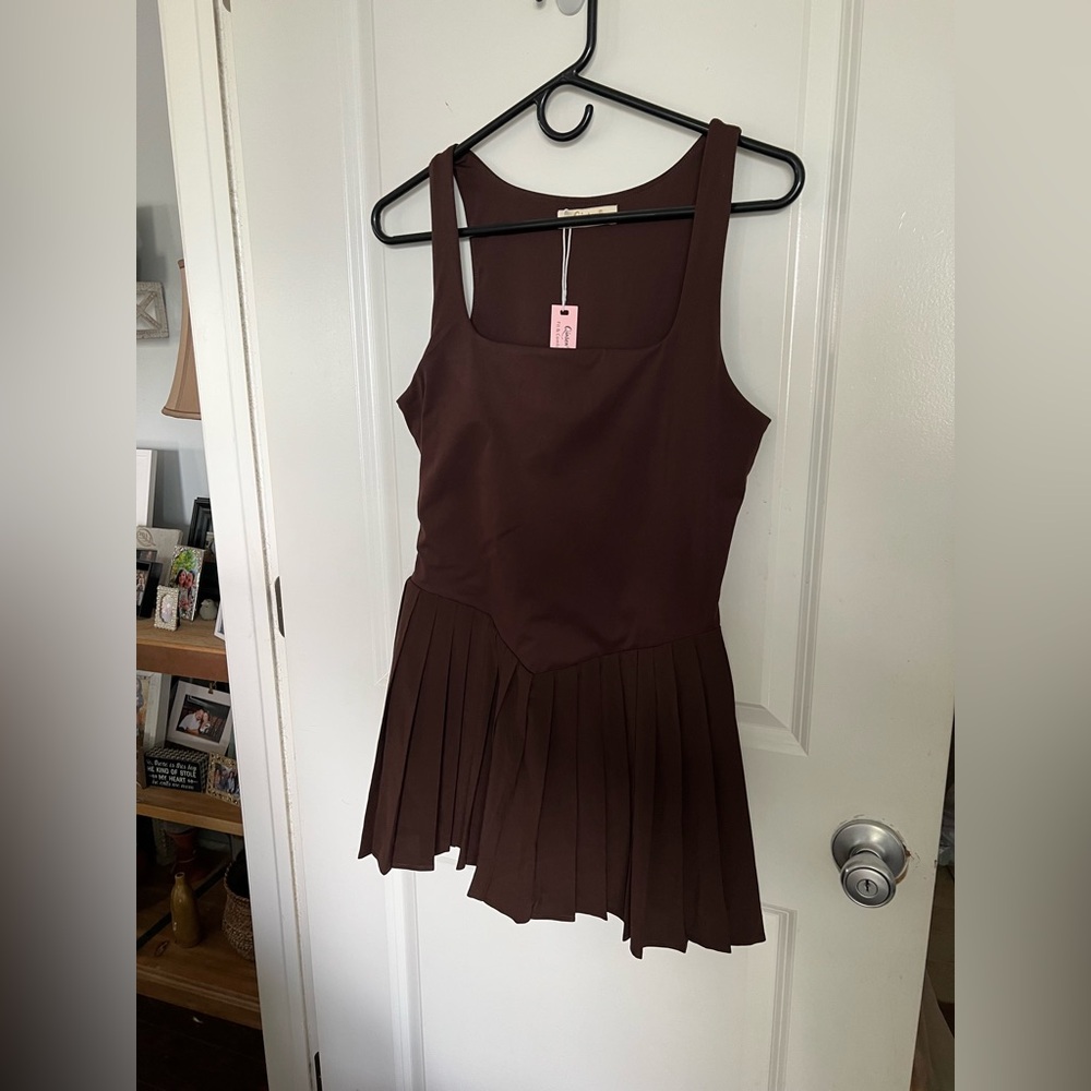 Brown Pleated Dress Romper
